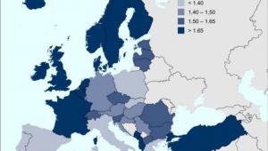 Współczynnik dzietności w Europie w 2014 roku - źródło: Eurostat